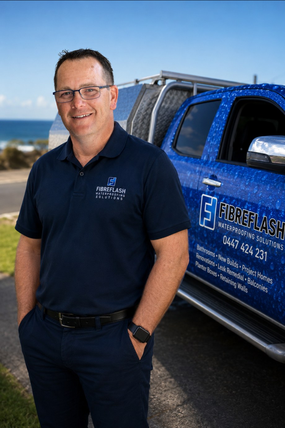 Fibreflash owner beside the branded waterproofing ute on the Central Coast